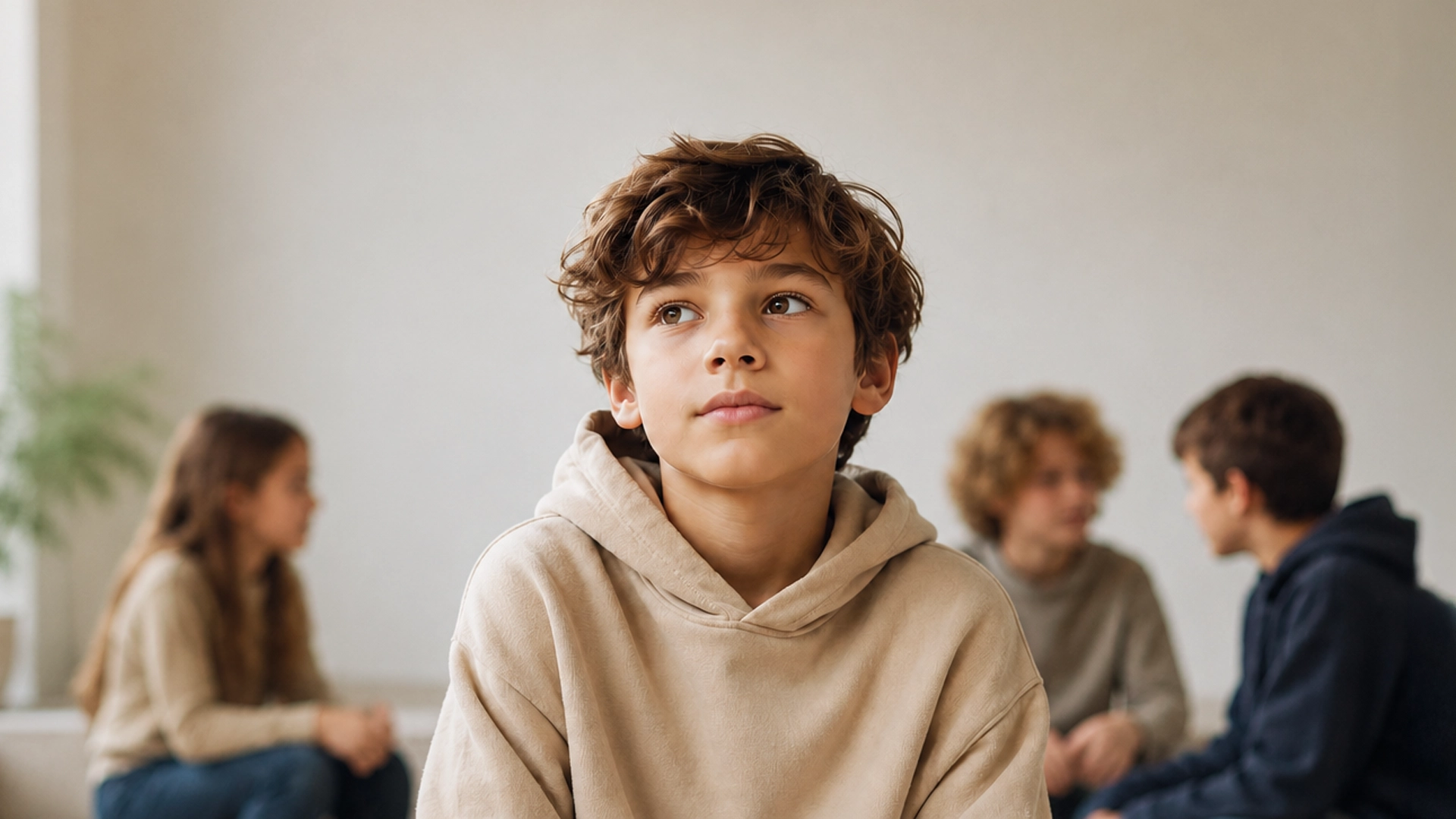 Un enfant dans un espace calme avec d'autres jeunes en arrière-plan